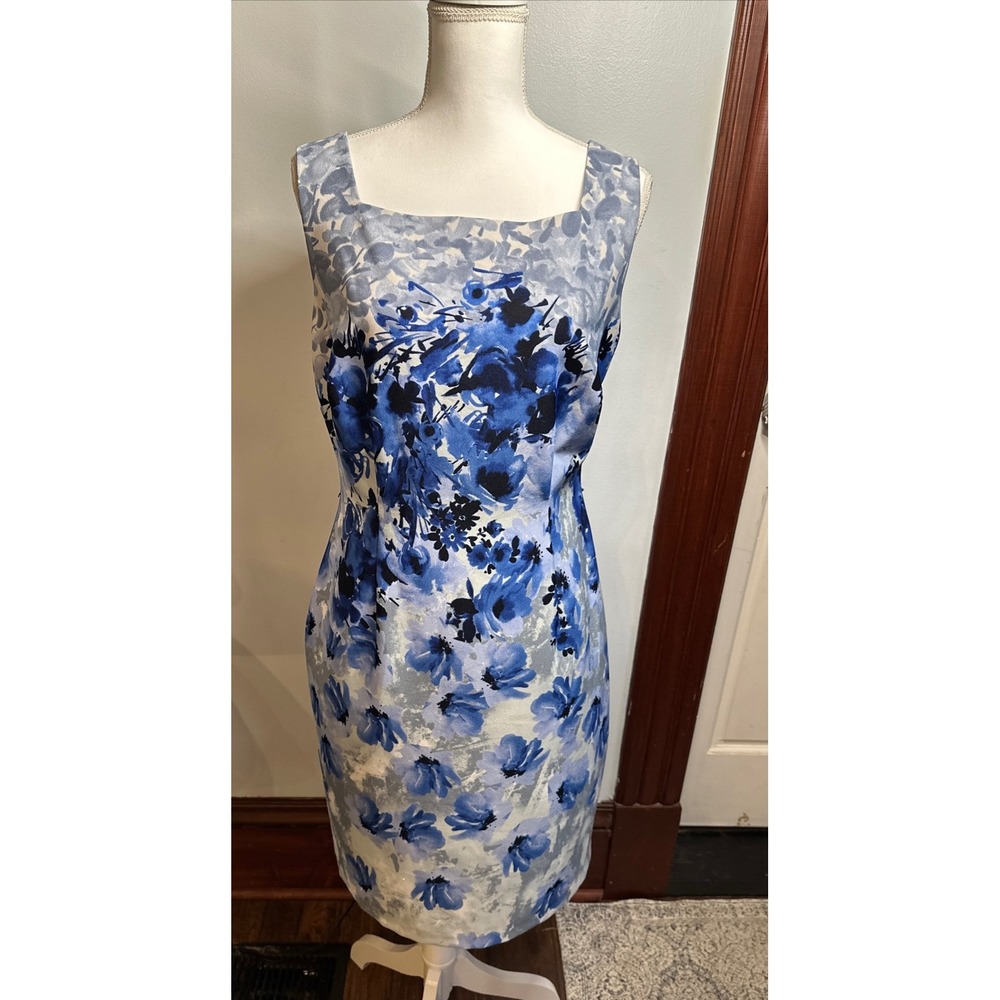 Connected Apparel Blue Floral Sheath Dress Square Neck Sleeveless TCX73339M 14